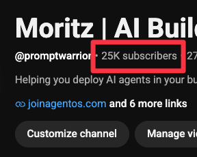YouTube channel for @promptwarrior showing 25K subscribers