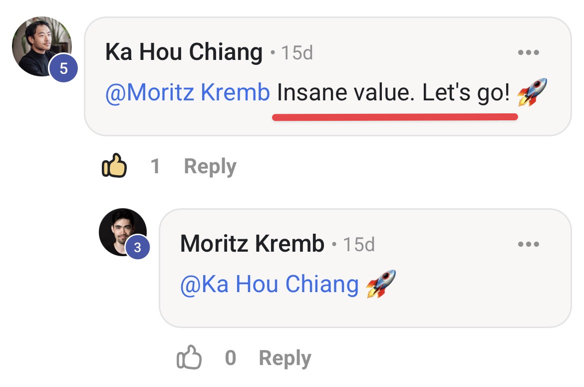 Testimonial from Ka Hou Chiang — insane value